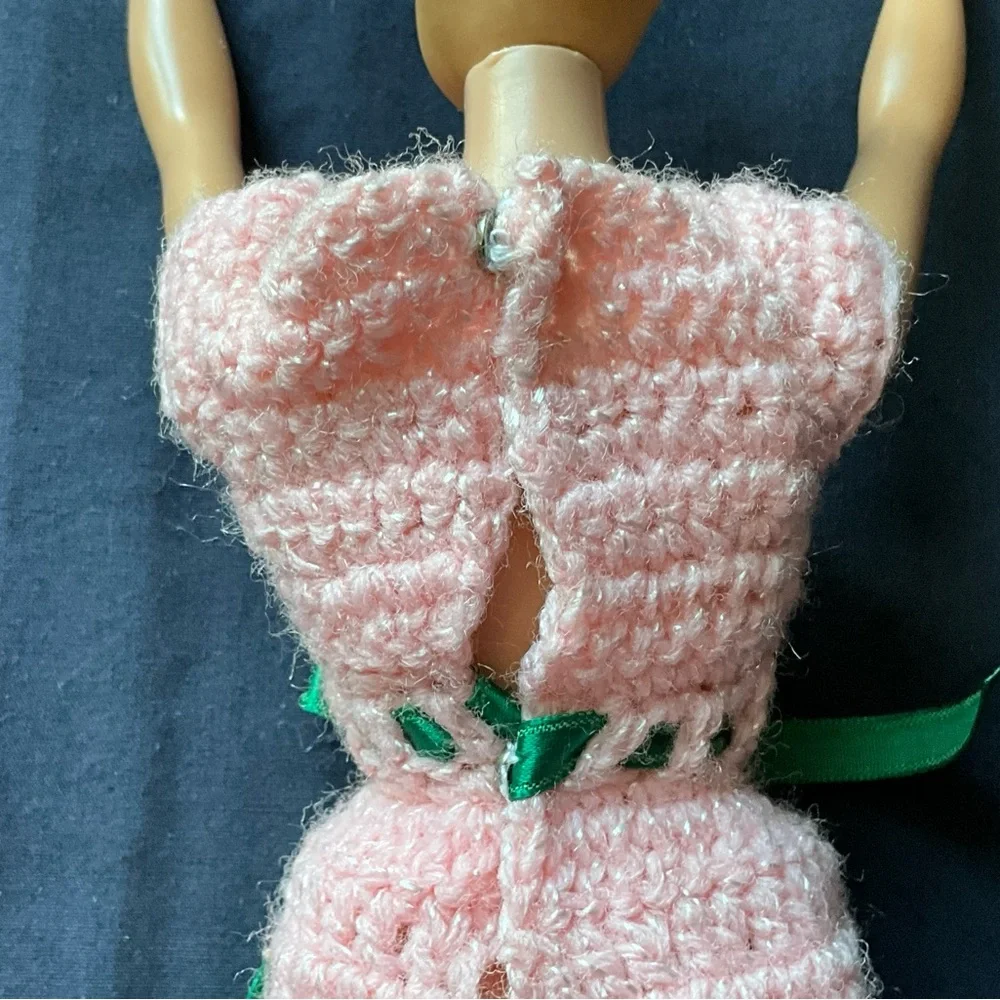 Vintage 1960s Barbie Doll in Homemade Pink Crochet Dress No Wigs Japan Foot